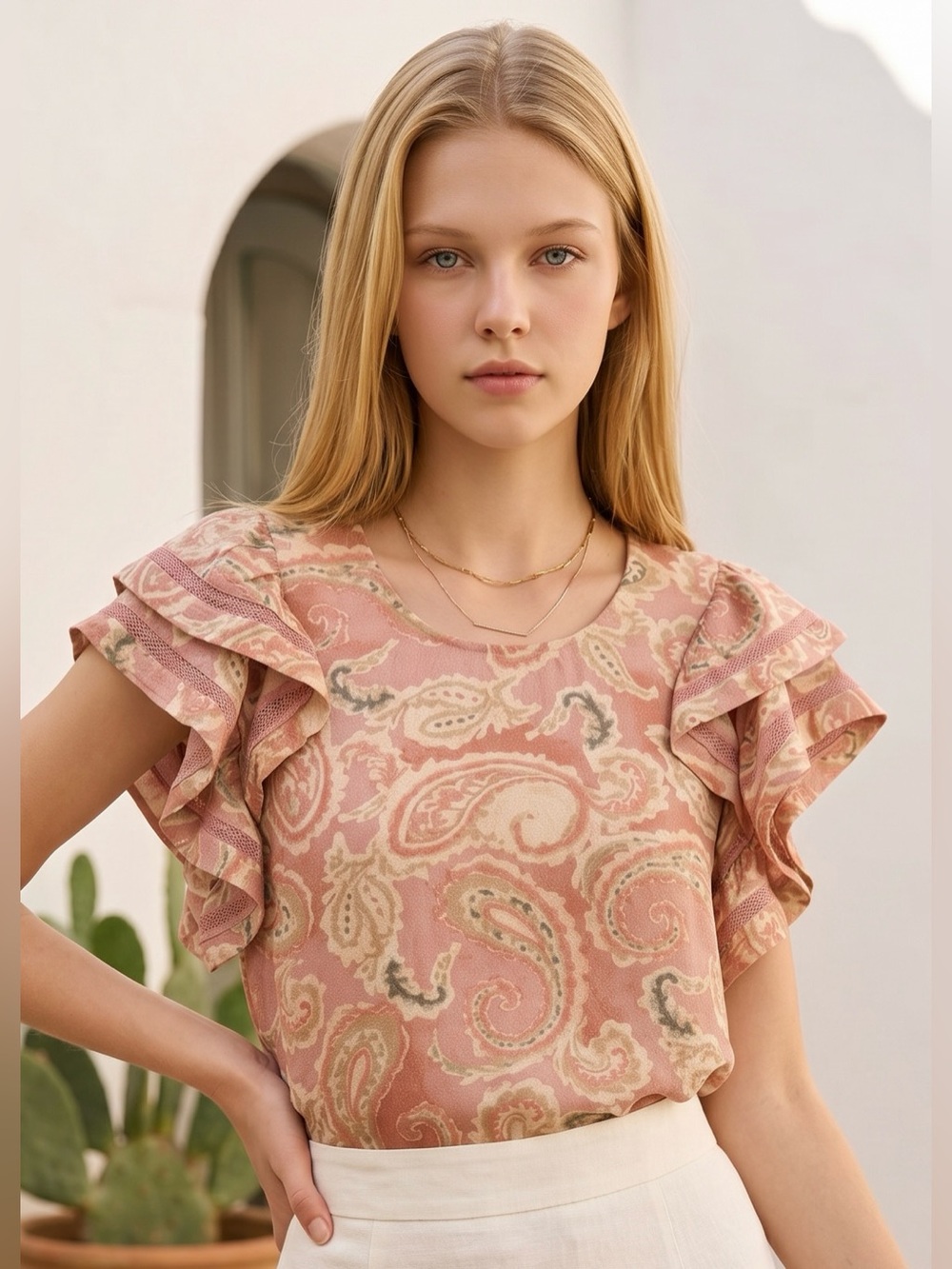 Ladies DR2 Flutter Sleeve Top Paisey Print Mauve Pink, Cream & Tan Size XL NWT